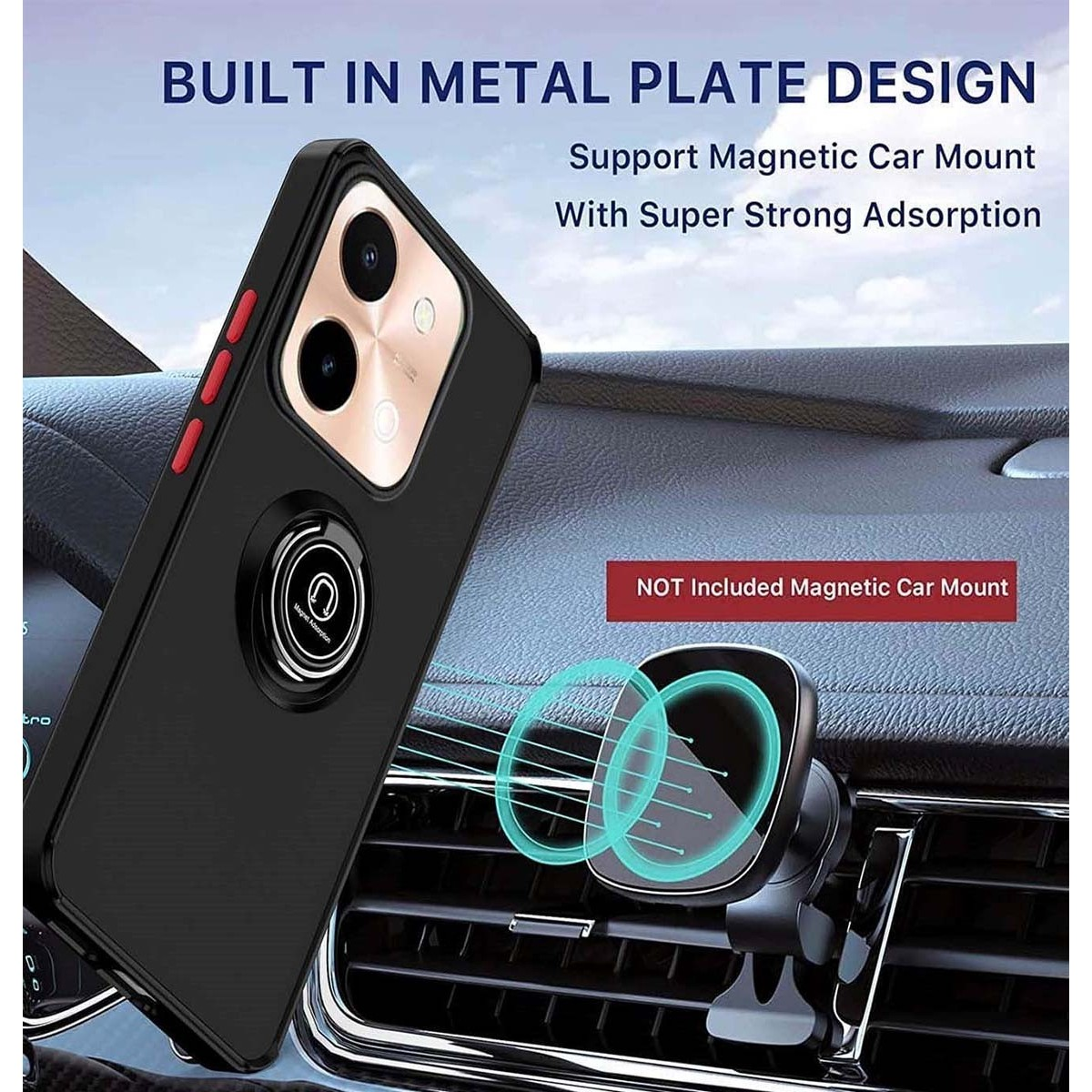 Telefono nero in una custodia con anello magnetico, posizionato su un supporto per auto.