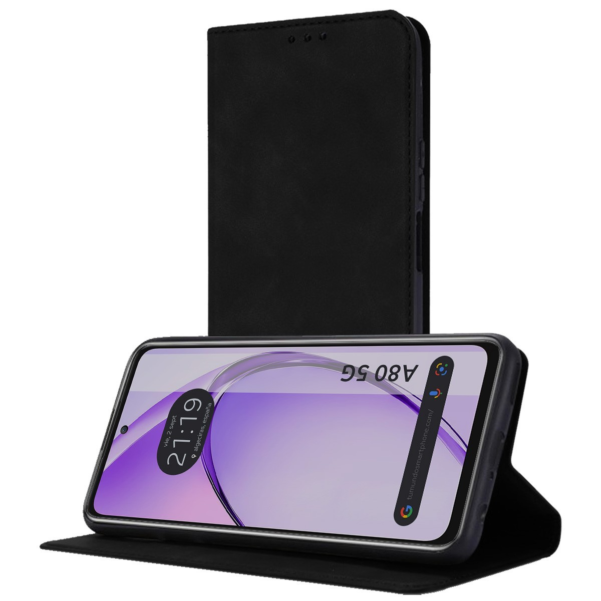 Telefono nero in custodia nera, schermo con ora, aperto, con supporto.