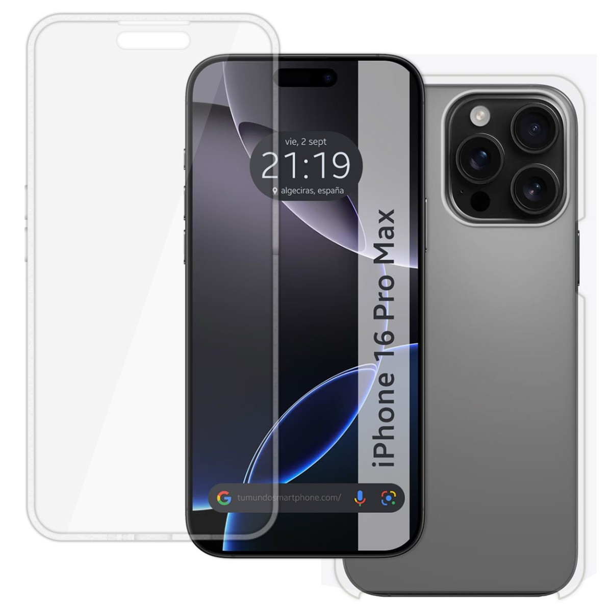 Smartphone con protezione schermo. Visualizzazione dell'ora e barra di ricerca visibili.