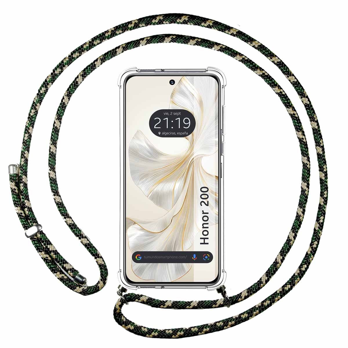 Smartphone con cordino. Il telefono mostra data e ora. Il cordino è verde e nero.