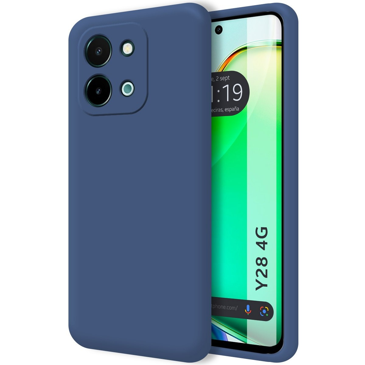 Una custodia blu che copre un telefono con uno schermo che mostra l'ora e la posizione.