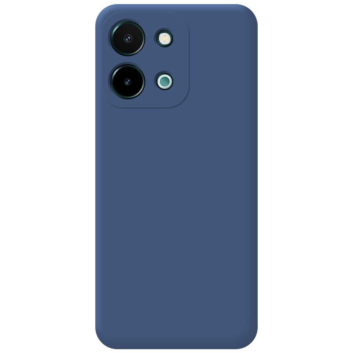 Una custodia per smartphone in un colore blu pieno. La parte posteriore del telefono è visibile.