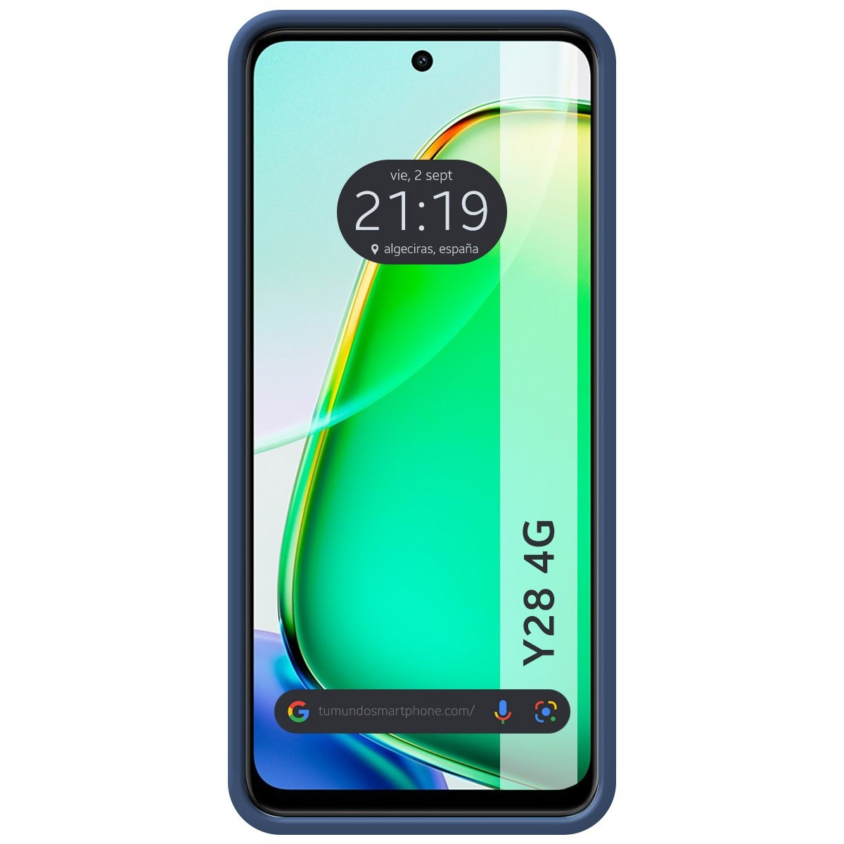 Telefono blu con schermo che mostra data e ora. Il telefono ha una custodia blu.