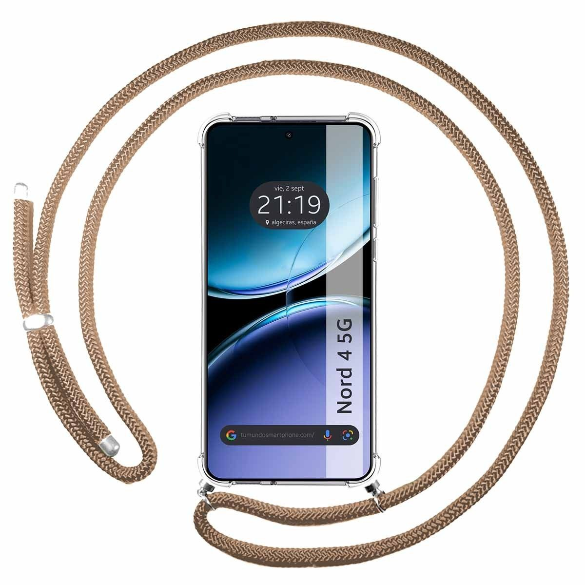 Telefono con cordino al collo, che mostra data e ora.