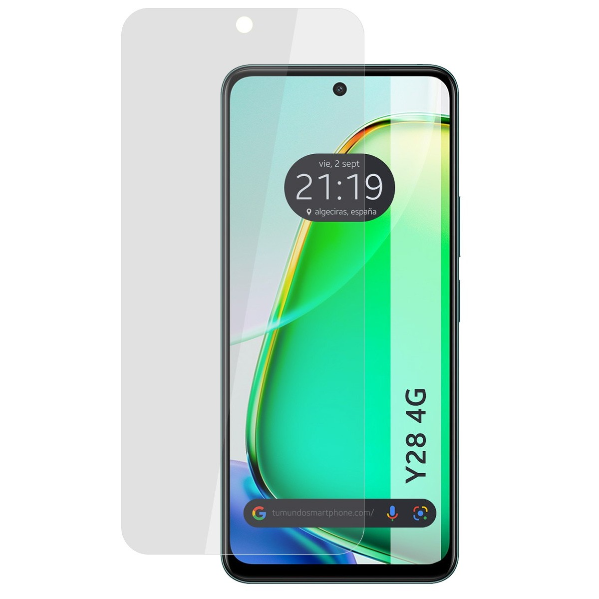 Schermo del telefono con una protezione schermo trasparente. Lo schermo mostra l'ora e la posizione.