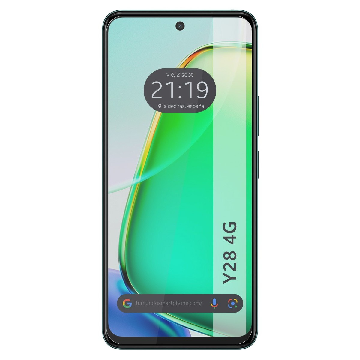 Smartphone con schermo verde che mostra ora e data. È un modello Y28 4G.