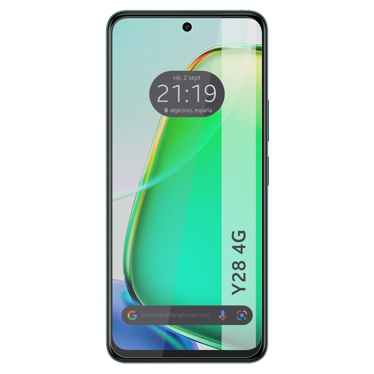 Uno smartphone che mostra il suo schermo. Lo schermo mostra un'ora e una posizione, con uno sfondo verde.