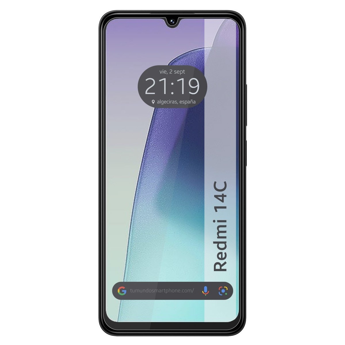 Uno smartphone che mostra la data e l'ora sullo schermo, con uno sfondo sfumato azzurro.