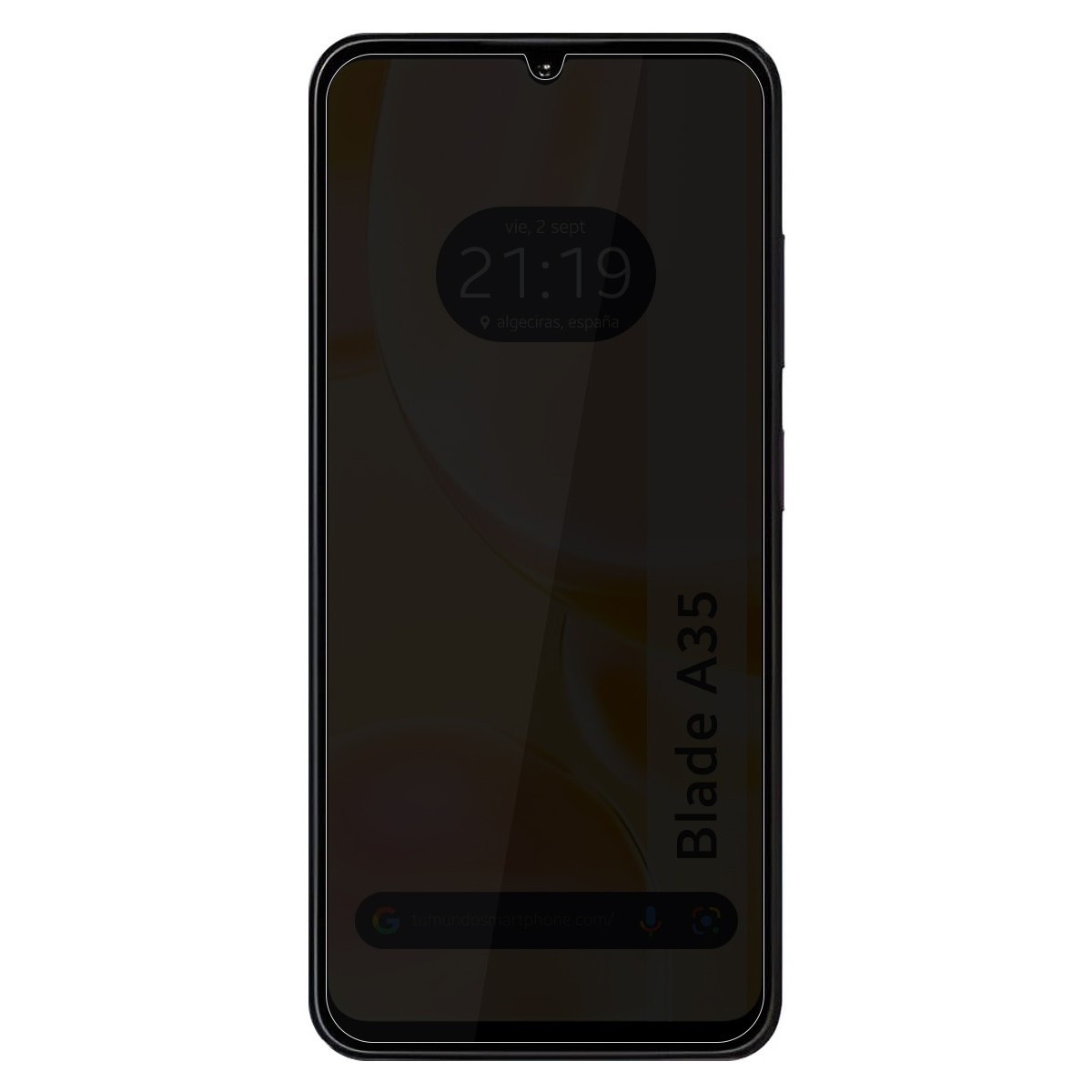 Smartphone con schermo nero, che mostra ora e posizione. Blade A35 scritto verticalmente sul lato.