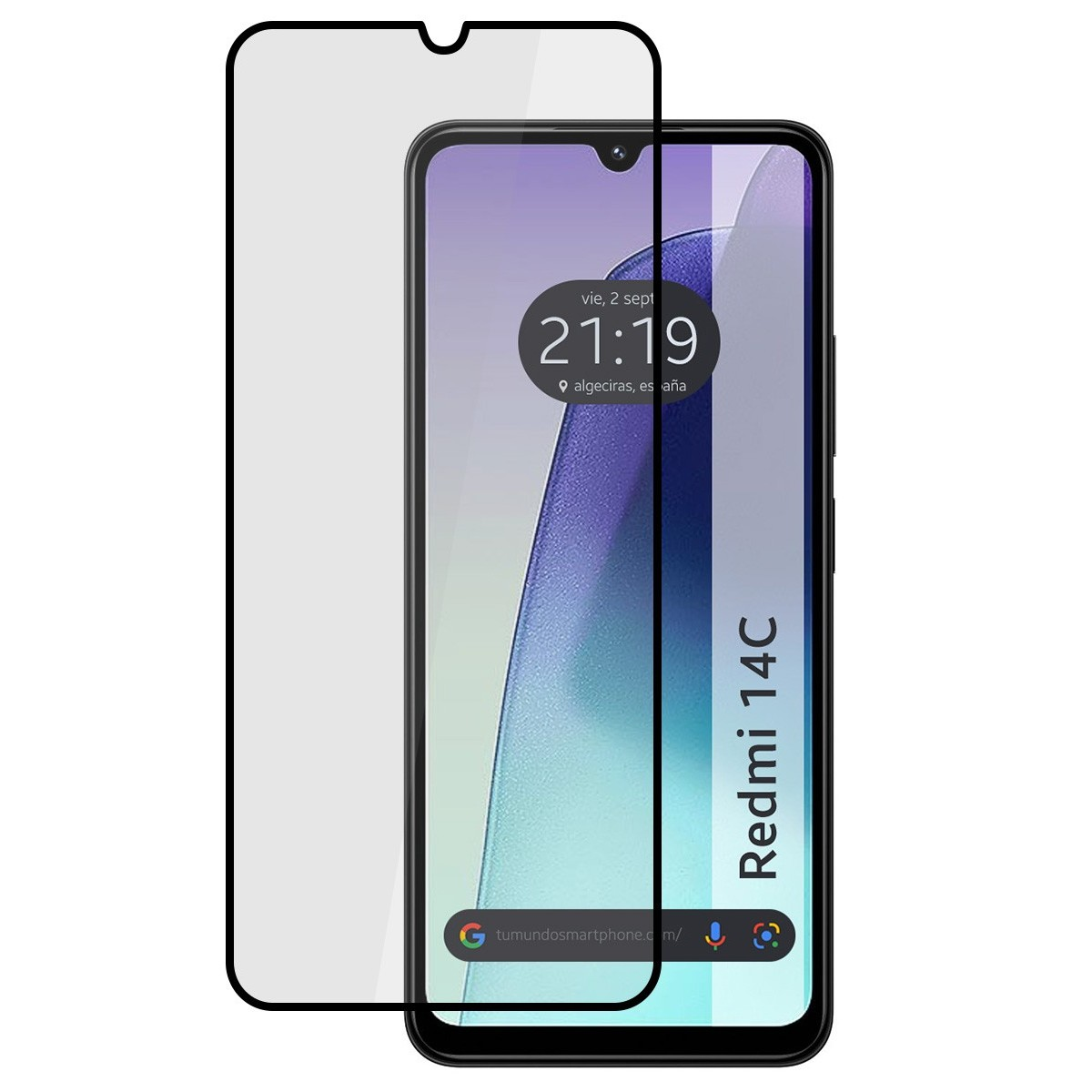 Schermo del telefono con una protezione schermo nera. Lo schermo mostra l'ora e la posizione.