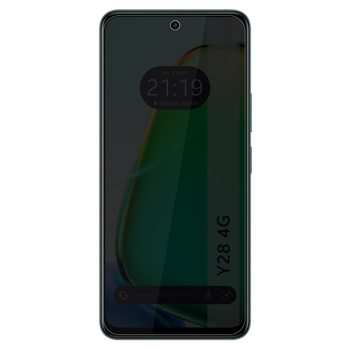 Uno schermo del telefono che mostra un orologio e una data. Lo sfondo è una sfocatura verde e nera.