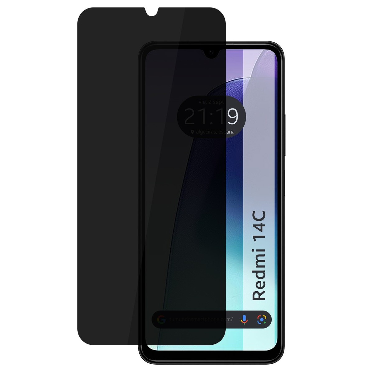 Smartphone con protezione schermo. Visualizza ora e luogo. Protezione schermo nera.