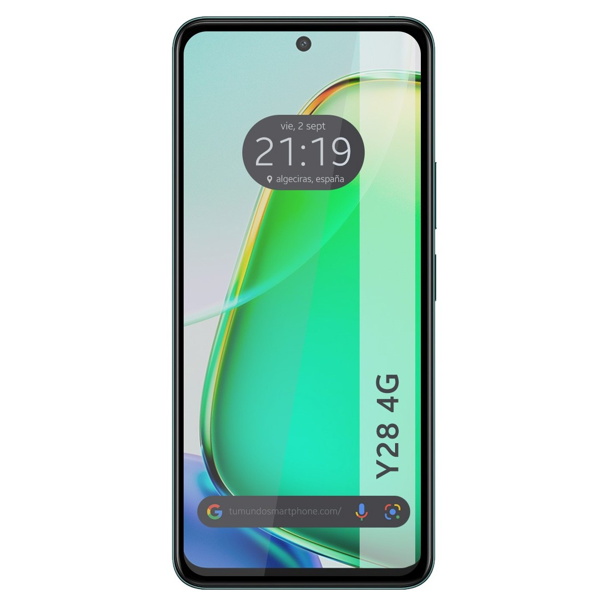Smartphone con schermo verde e bianco che mostra ora e posizione. Ha una fotocamera frontale e una cornice nera.