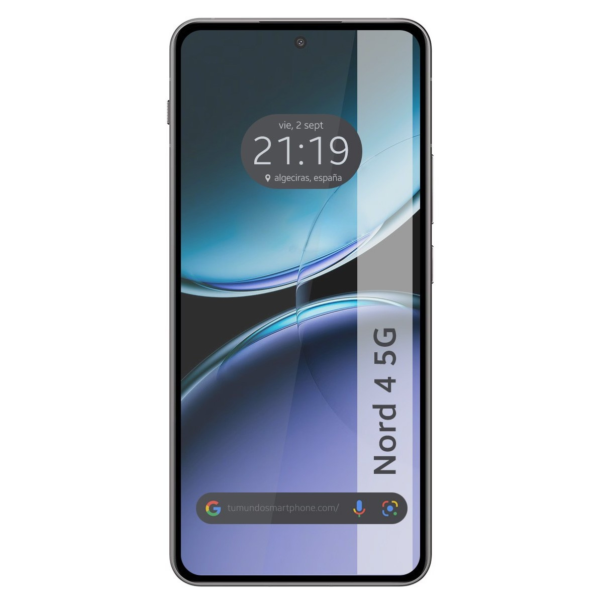 Un teléfono con una pantalla que muestra un fondo azul y morado y un borde gris con el texto Nord 4 5G.