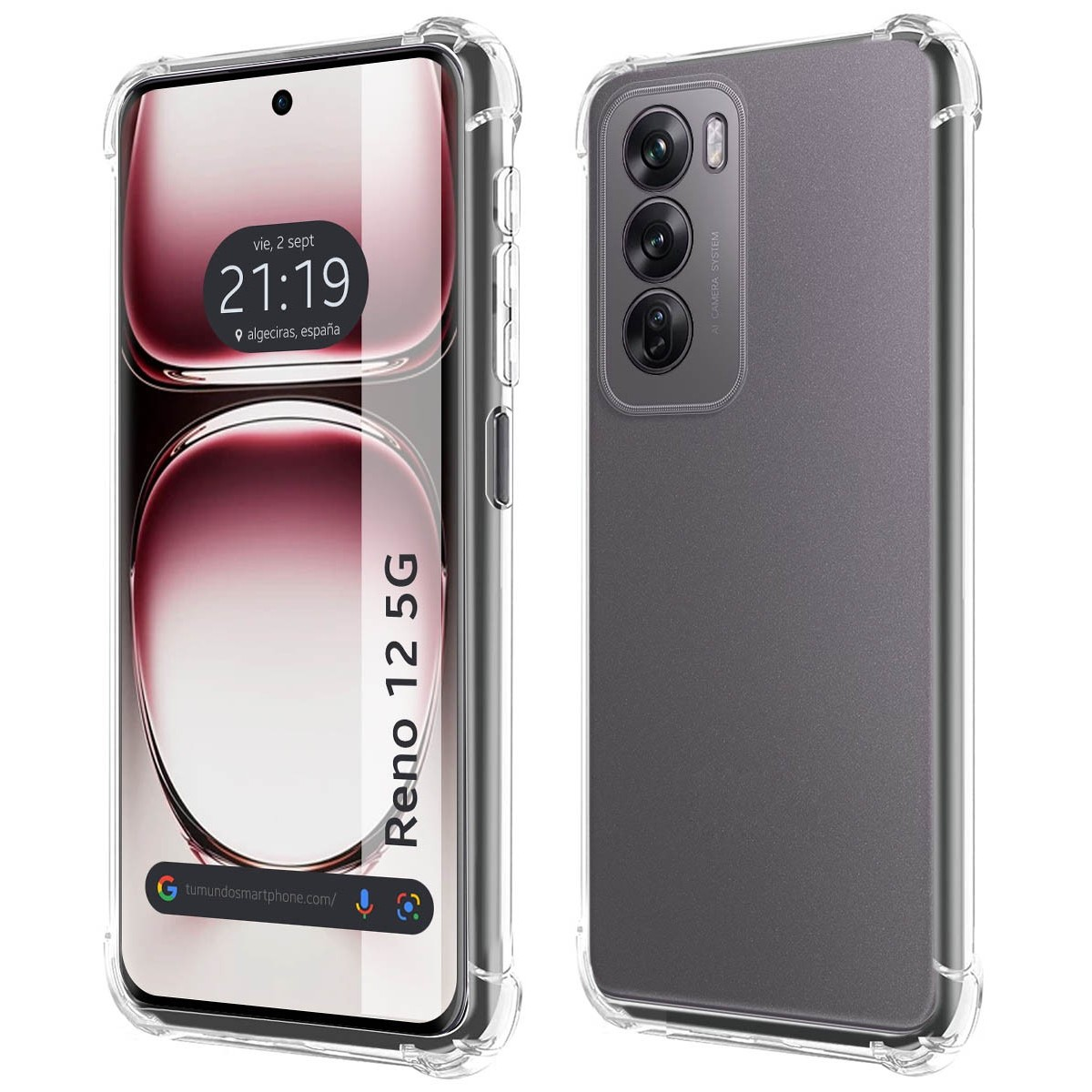 Teléfono y funda, que muestra una pantalla de teléfono con fecha y hora.