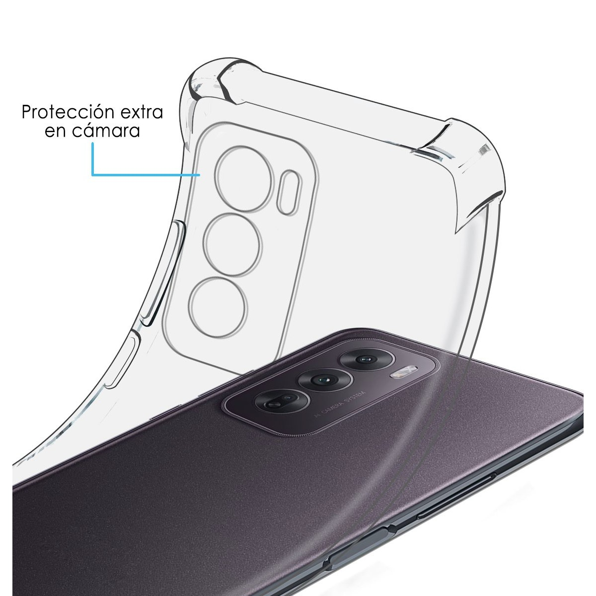 Un teléfono con una funda transparente que muestra las cámaras del teléfono, con texto: Protección extra en cámara.
