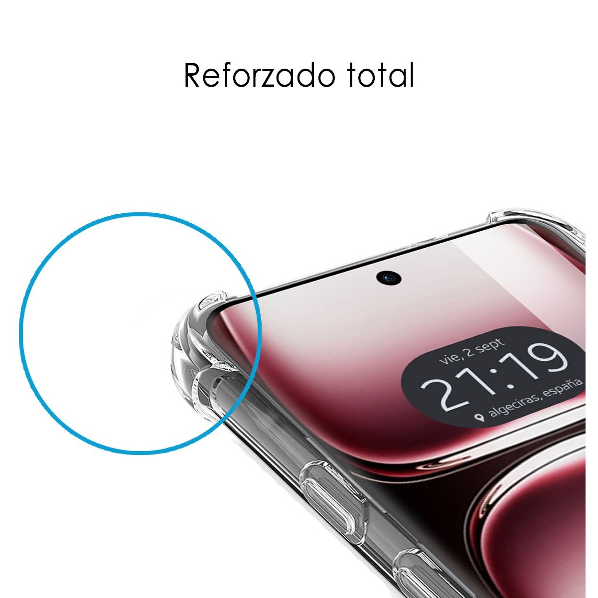 Primer plano de un teléfono en una funda transparente. La pantalla muestra hora y fecha en español.