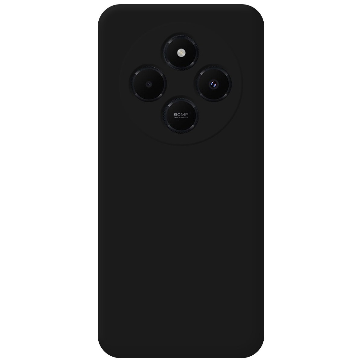 Custodia per telefono nera con obiettivi della fotocamera e sfondo nero.