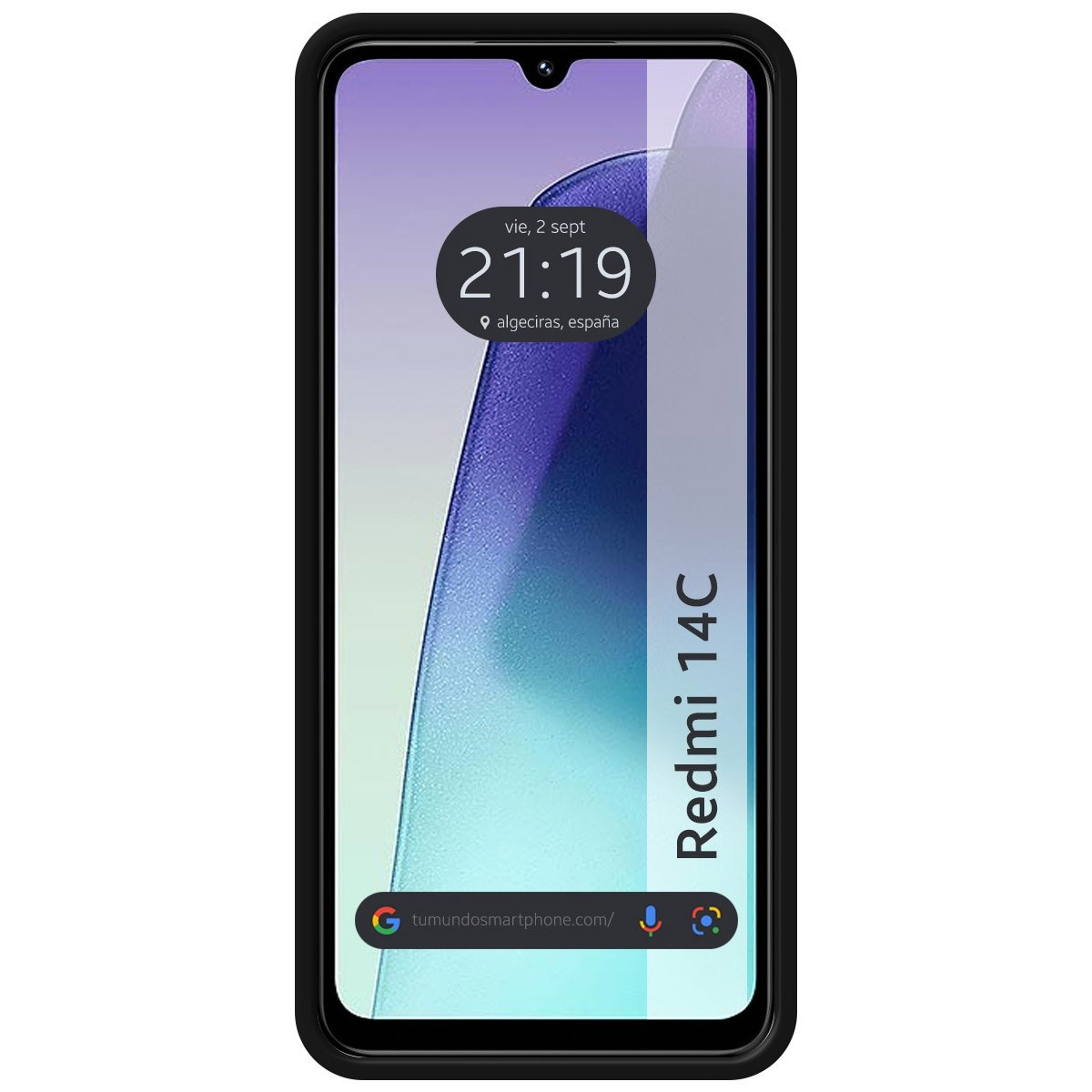 Un telefono con custodia nera e schermo che mostra ora, data e le parole Redmi 14C.