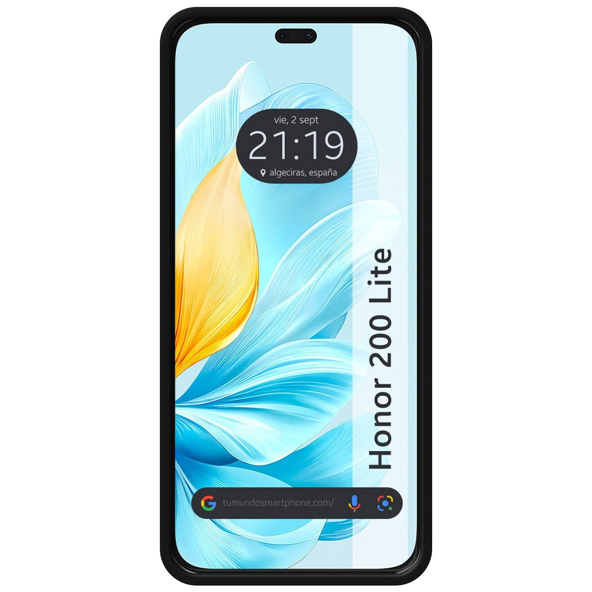 Schermo del telefono con sfondo floreale. La data e l'ora sono visualizzate.