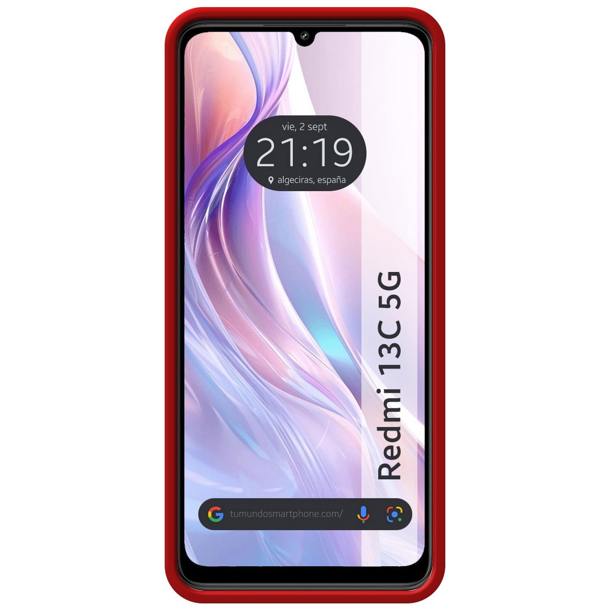 Telefono Redmi 13C 5G con cornice rossa, mostra l'ora e un indirizzo web sullo schermo.