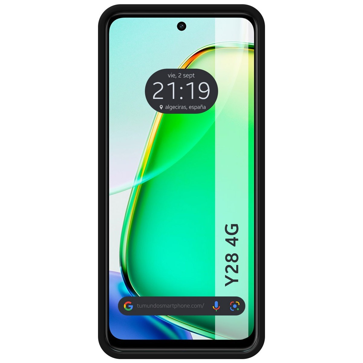 Telefono con schermo che mostra la data e sfondo verde.