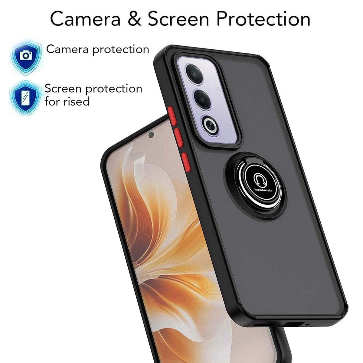Custodia per telefono con retro nero e telefono con schermo bianco e protezione fotocamera.