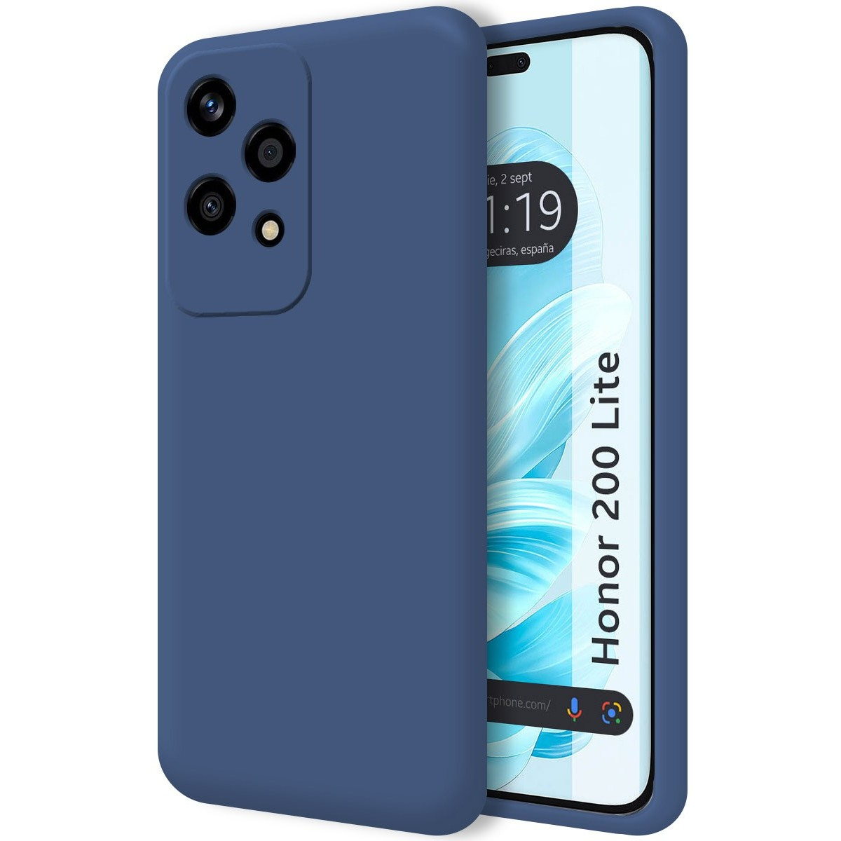Custodia per telefono blu. Lo schermo del telefono mostra uno sfondo sfumato. Custodia blu scuro.