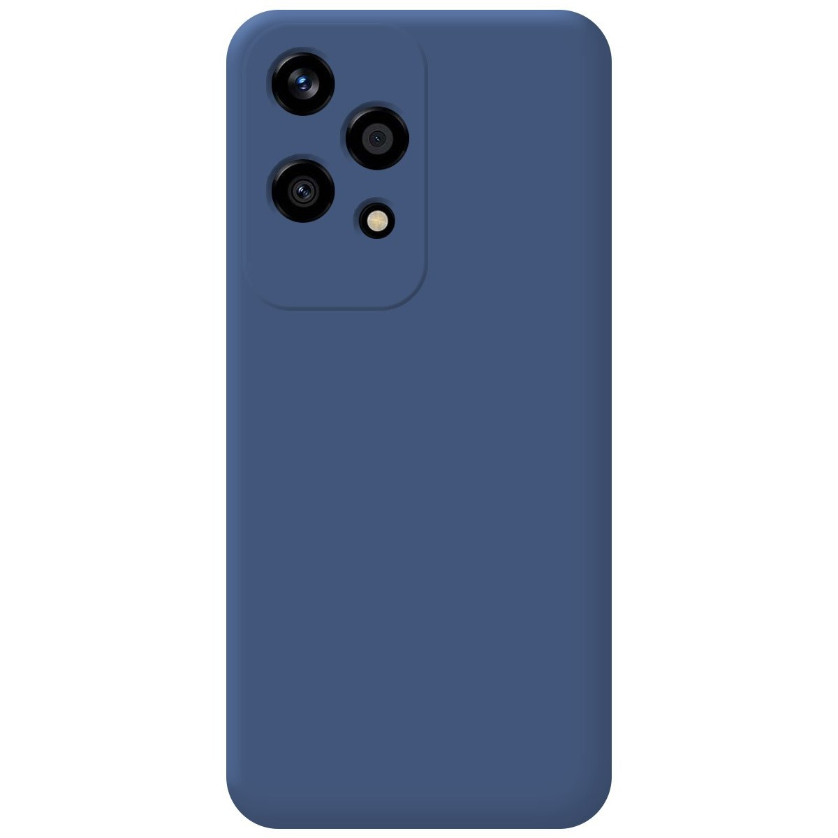 Custodia blu per telefono con tre obiettivi della fotocamera disposti verticalmente.
