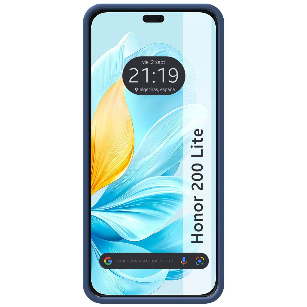 Telefono con custodia blu.