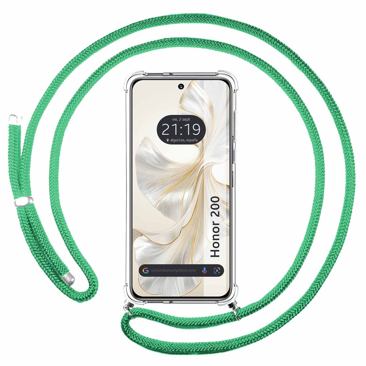 Cinturino verde per telefono con un telefono e un cordino verde attorno, Honor 200 mostrato sullo schermo.