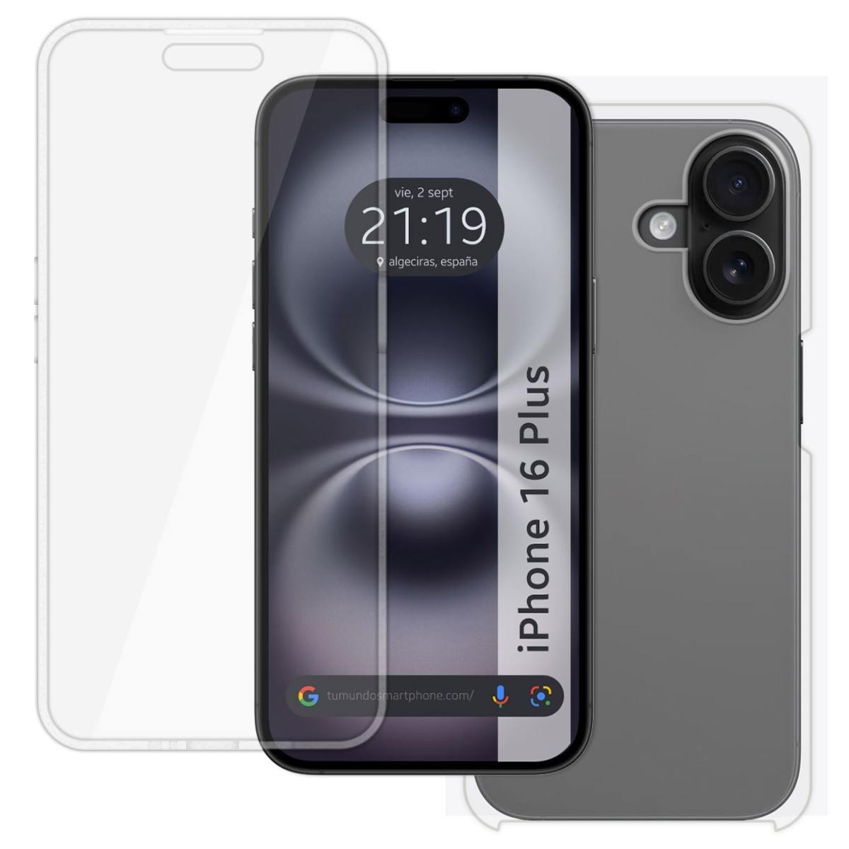 Telefono con protezione schermo e custodia. Lo schermo mostra ora e luogo. Custodia a destra.