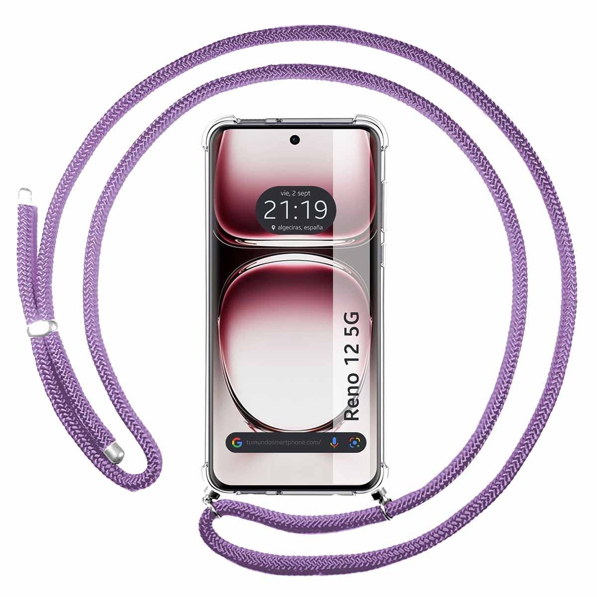 Telefono con un cavo viola. Lo schermo mostra data e ora, il modello è Reno 12 5G.