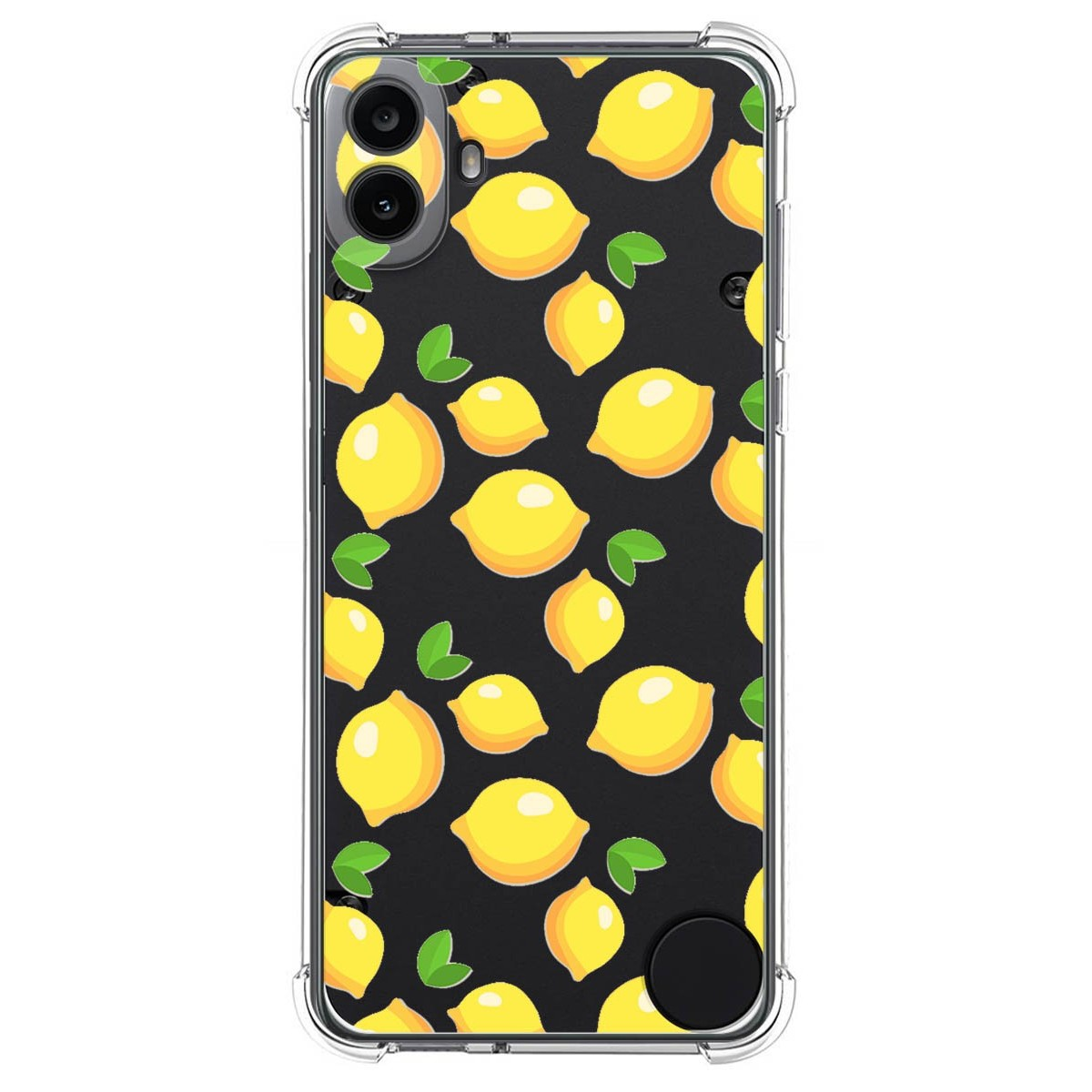 Funda de teléfono con un patrón de limones amarillos y hojas verdes sobre negro.