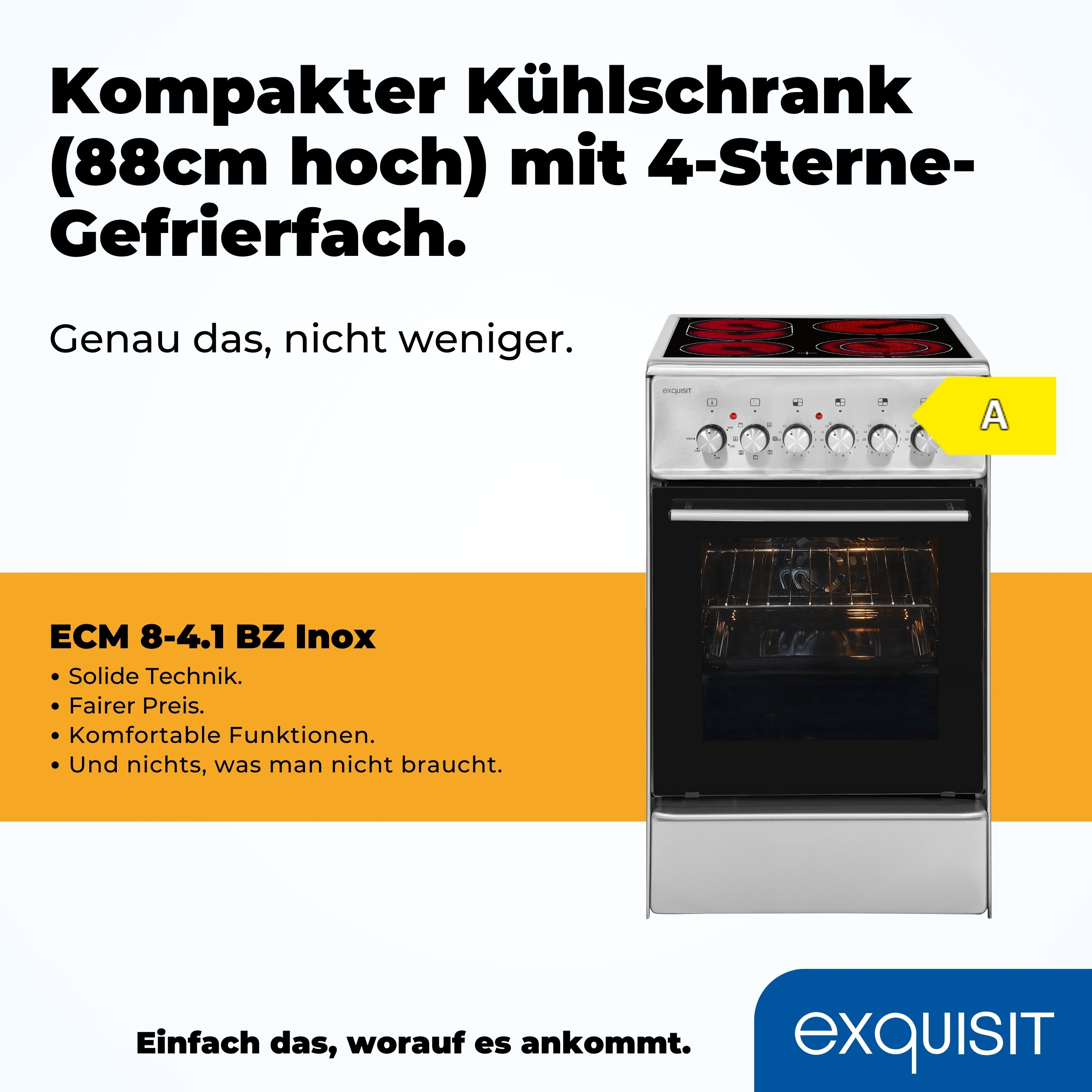Ein weißer und silberner Backofen auf weißem Hintergrund mit Text, der seine Eigenschaften beschreibt.
