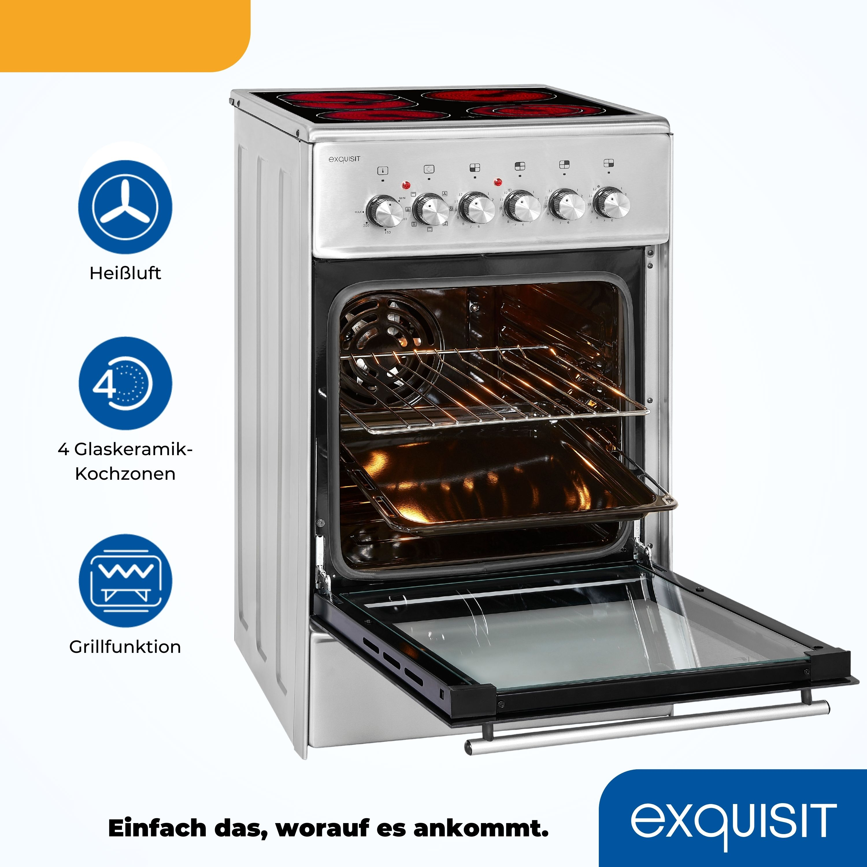 Ein silberner und schwarzer Ofen mit offener Tür. Symbole für Umluft, Cerankochfelder und Grillen sind sichtbar.