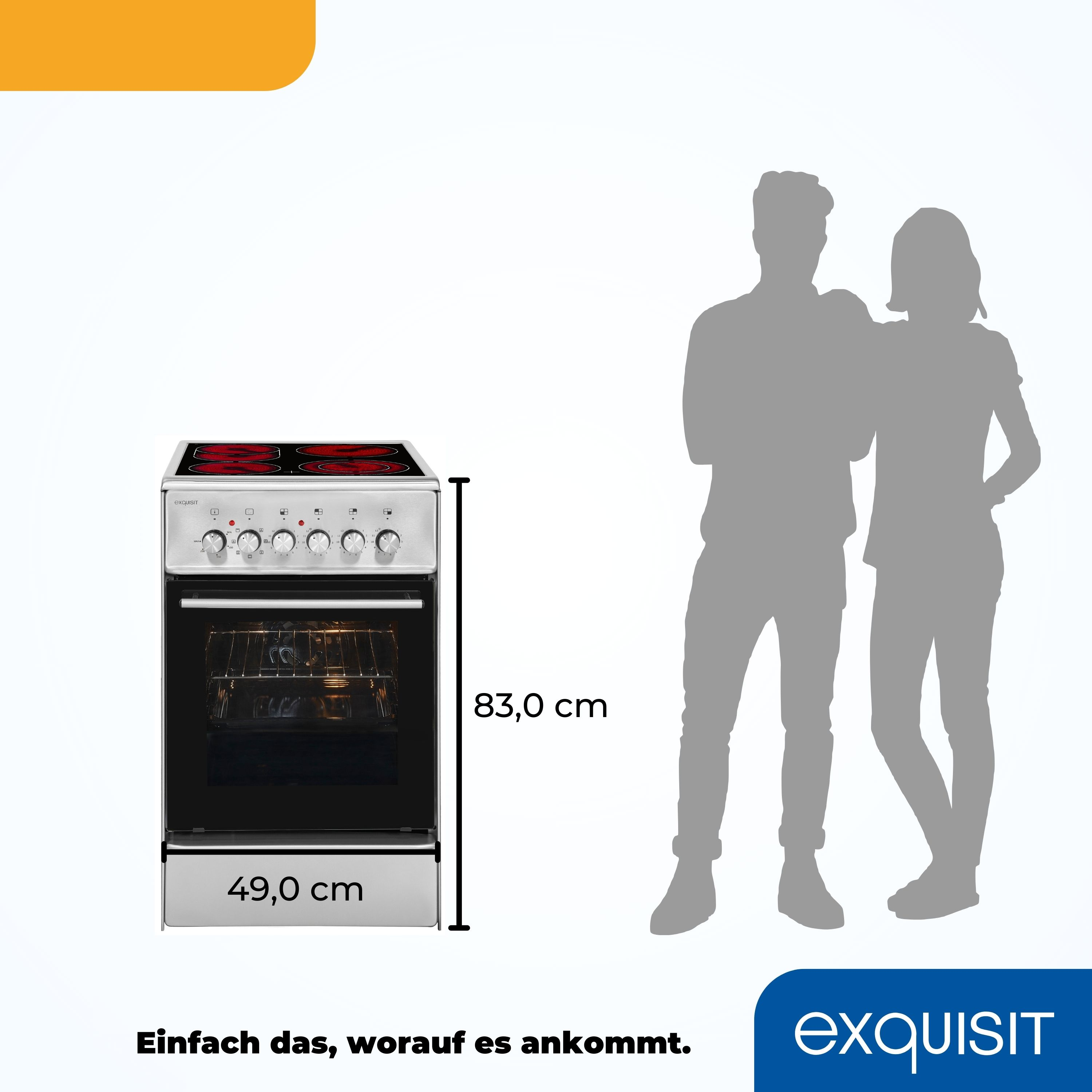 Weißer Ofen mit roter Kochfeld, Abmessungen und Silhouetten von Menschen werden daneben angezeigt.