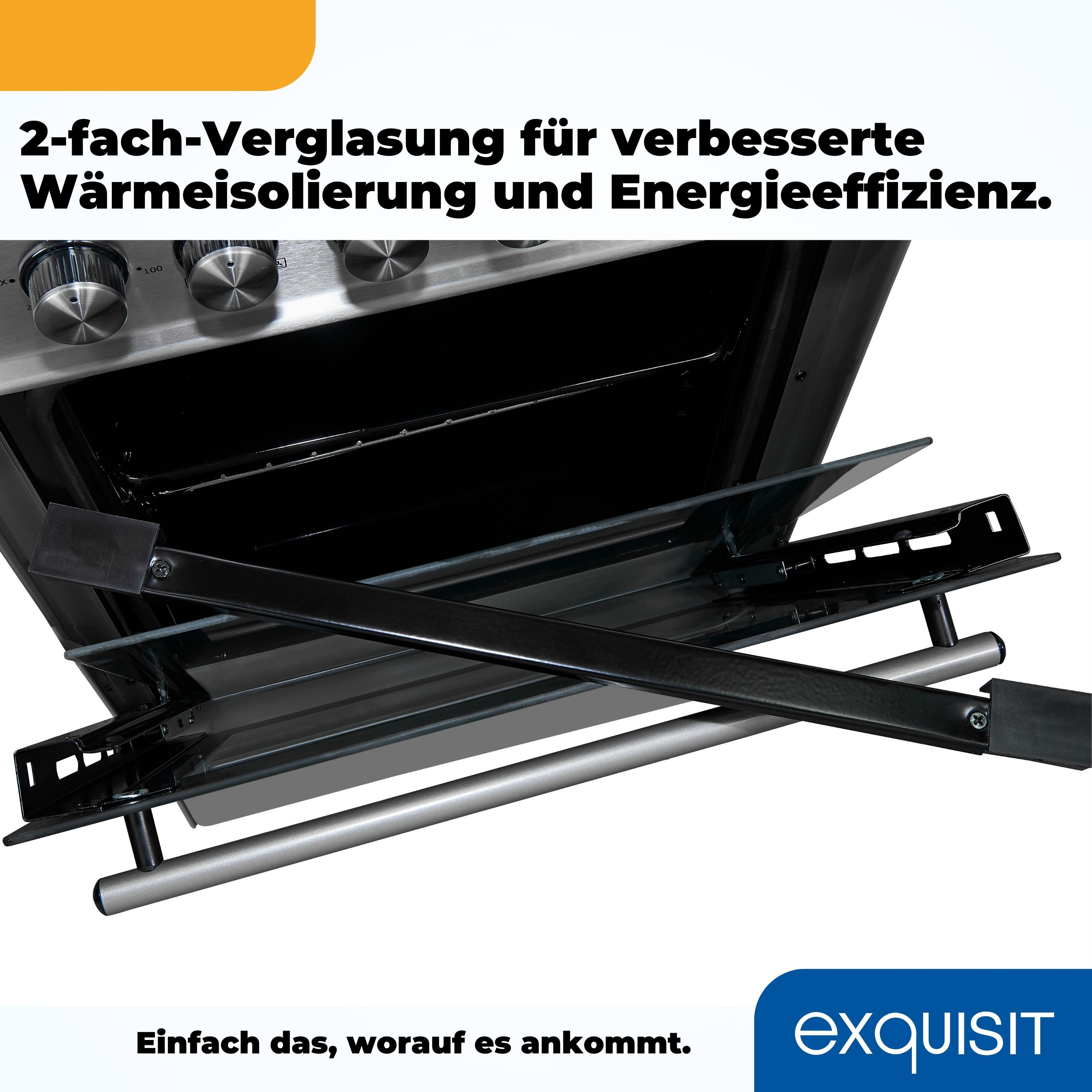 Ofen mit Glastüren, Text auf Deutsch über Energieeffizienz und Wärmedämmung.