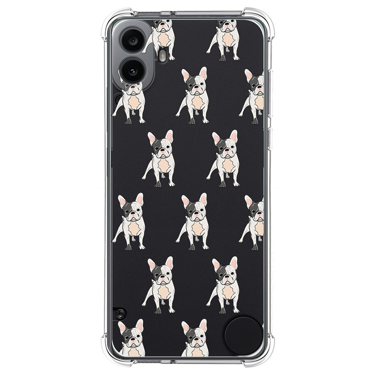 Funda de teléfono con Bulldogs franceses repetidos. Fondo negro, funda transparente.