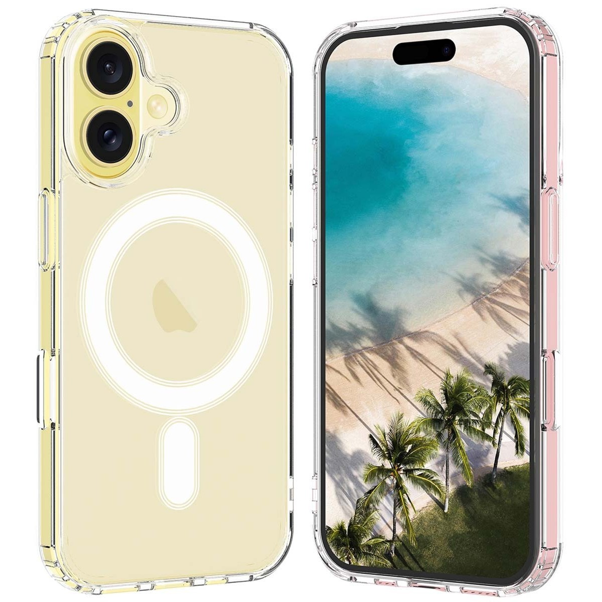 Dos teléfonos, uno en una funda transparente con la parte trasera blanquecina y otro con una funda rosa. Palmeras en el fondo.