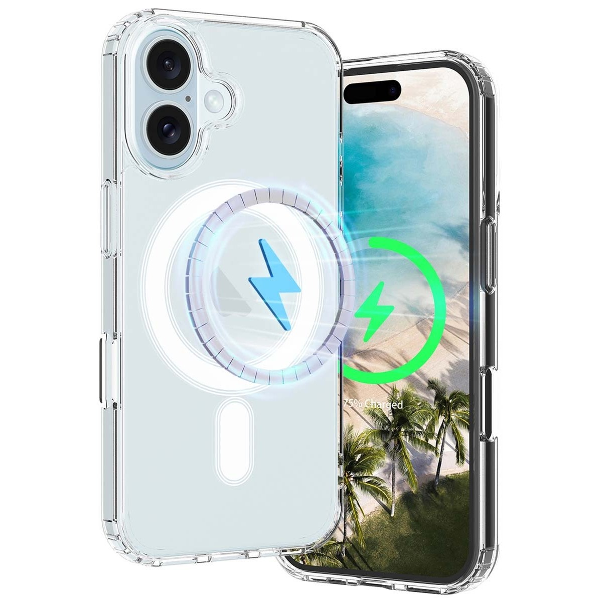 Funda transparente con anillo de carga magnético y teléfono con palmeras cargando.