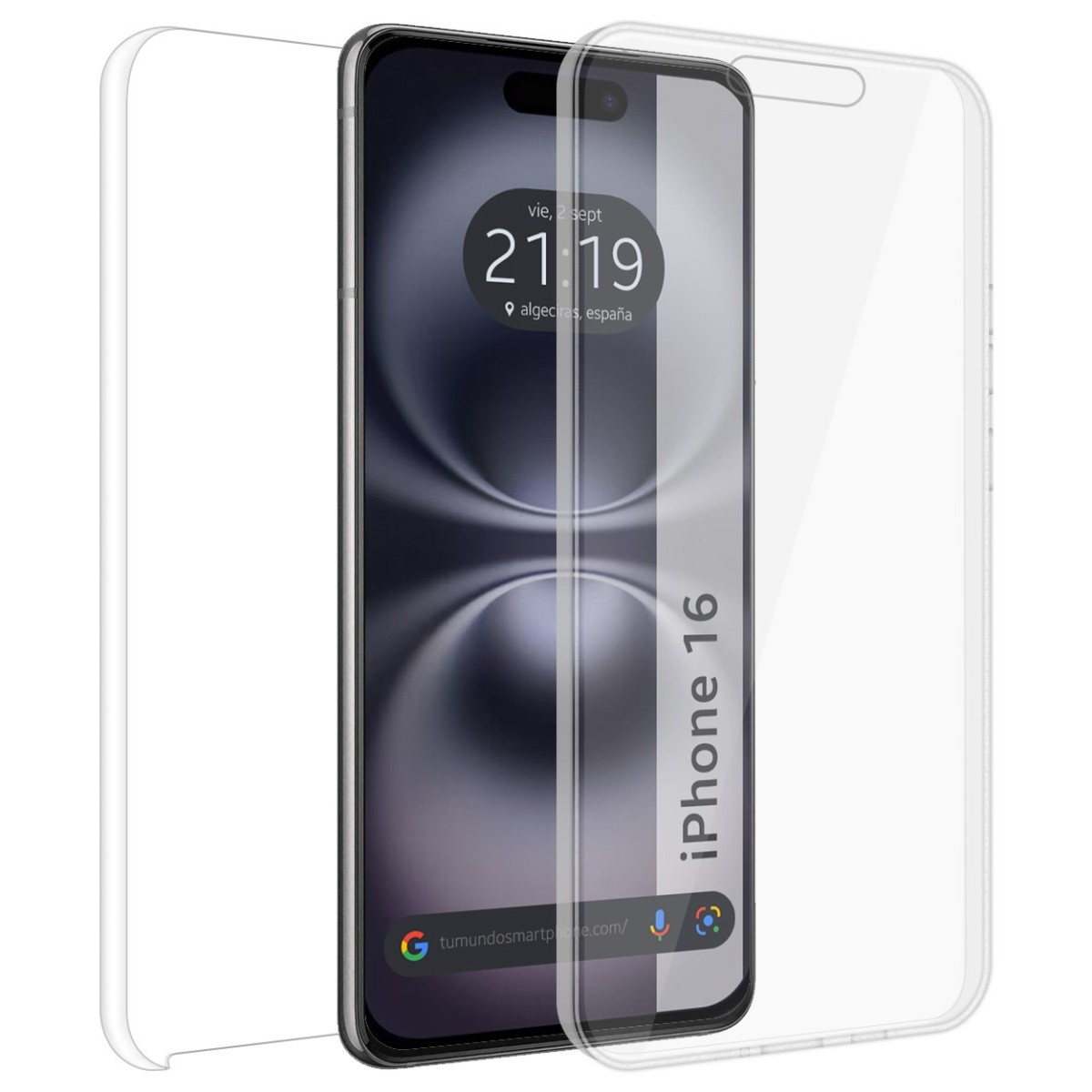 IPhone 16 a sinistra e una protezione schermo a destra. Il telefono mostra l'ora e la posizione.