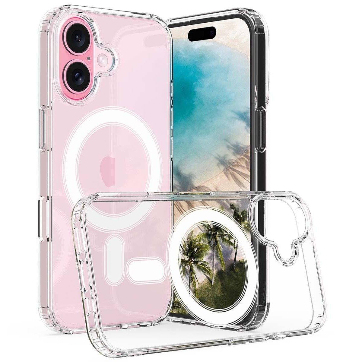 Teléfono rosa en fundas protectoras transparentes. Una funda está en el teléfono, otras dos separadas.