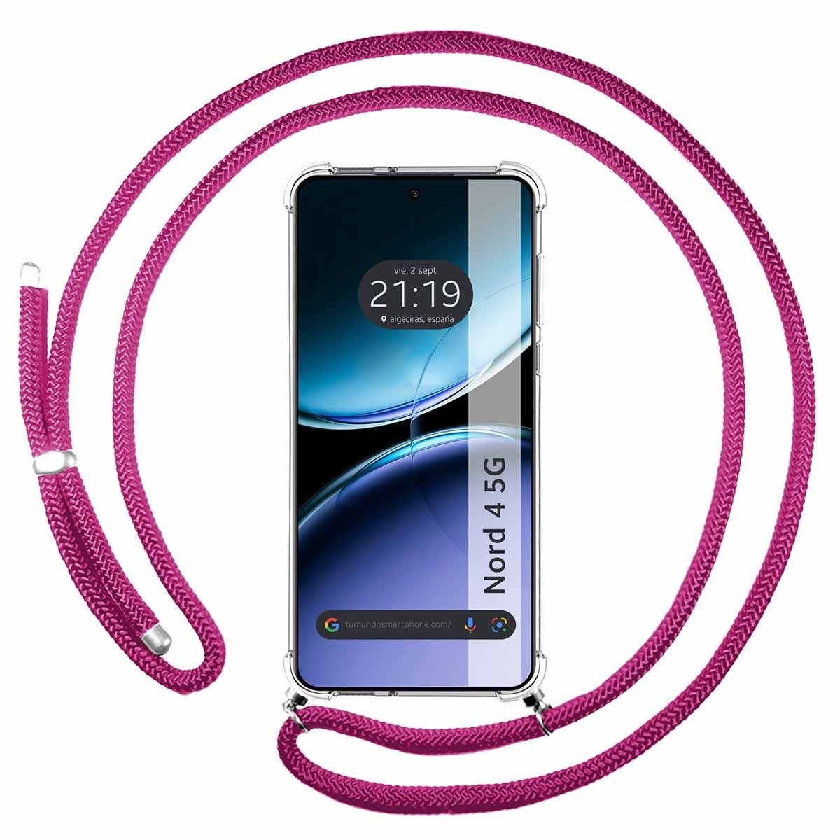Cinturino per telefono in corda rosa. Il telefono mostra la data e l'ora.