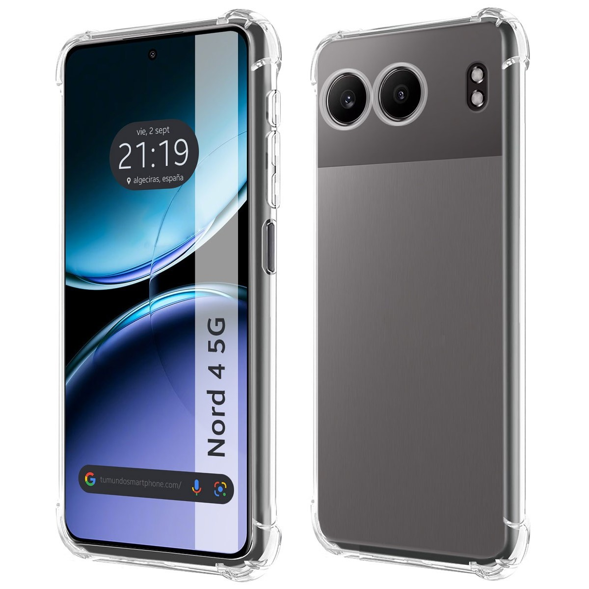 Dos teléfonos, uno a la izquierda con pantalla mostrando fecha y hora, otro a la derecha mostrando diseño trasero.