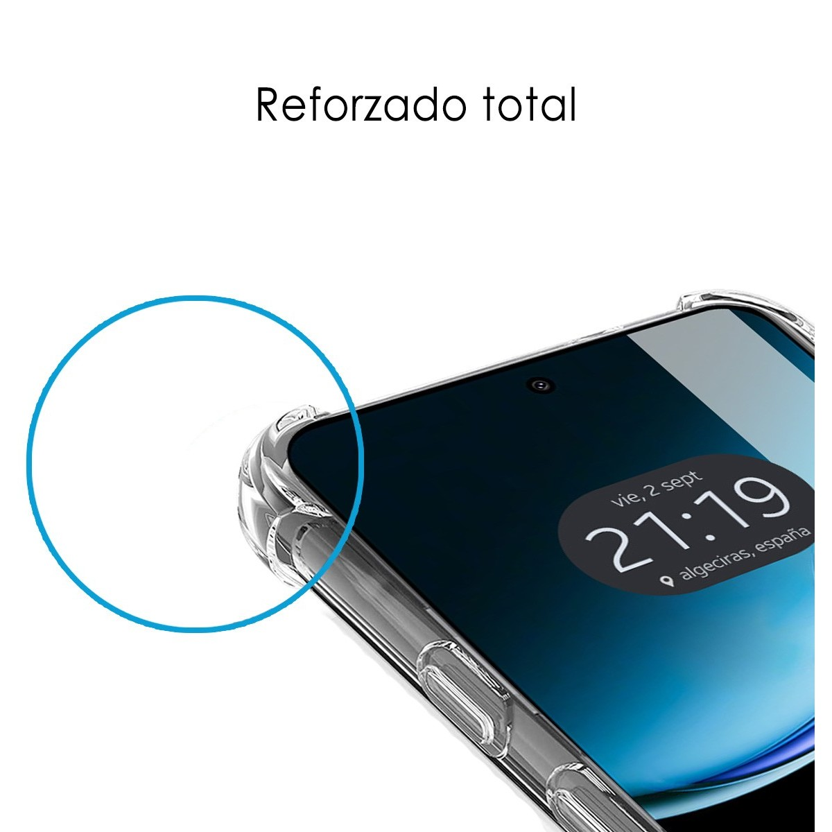 Primer plano de un teléfono, mostrando los bordes reforzados, la funda transparente y hora en pantalla.