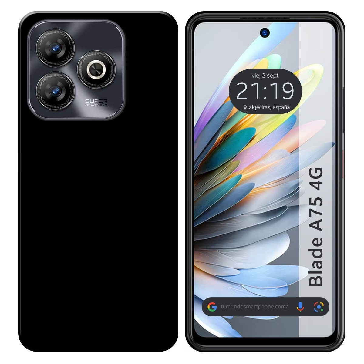 Custodia per telefono con retro nero e telefono con schermo bianco e fotocamera su sfondo nero.