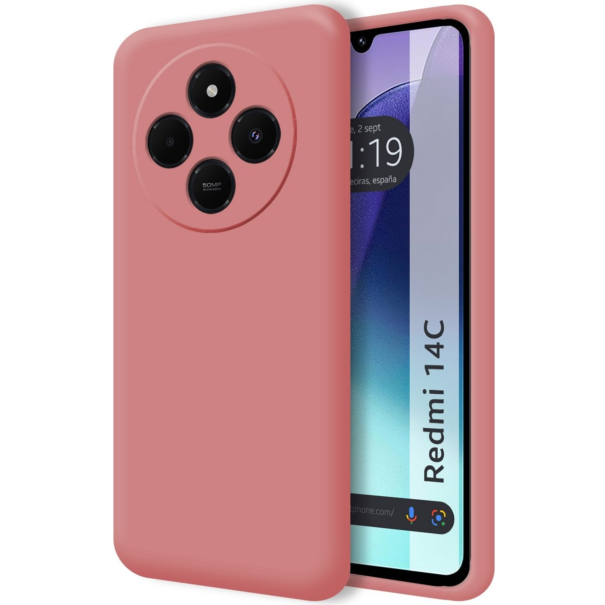 Telefono con custodia rosa che mostra il retro e il display del telefono.