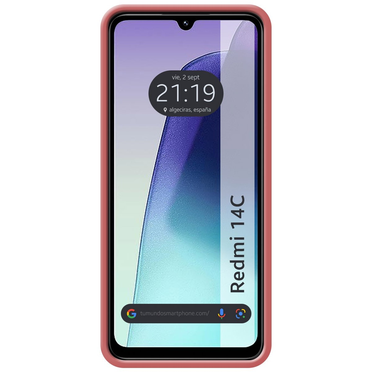 Custodia rossa. Lo schermo mostra ora e luogo. Il telefono è Redmi 14C.