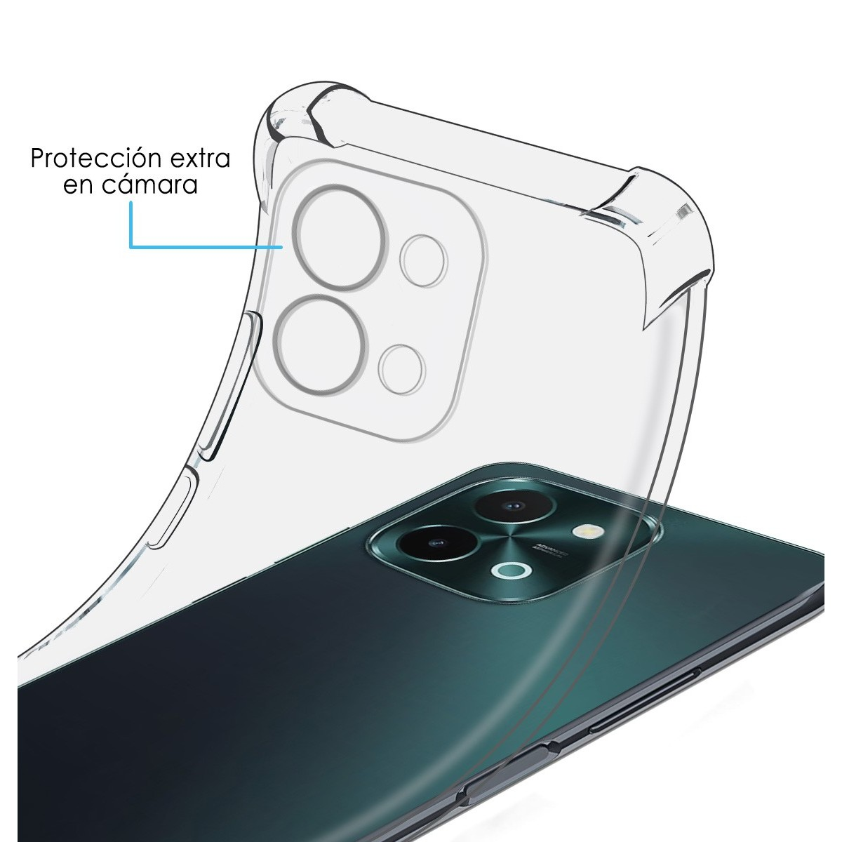 Una custodia trasparente sopra un telefono verde. Testo: 'Protezione extra nella fotocamera'.
